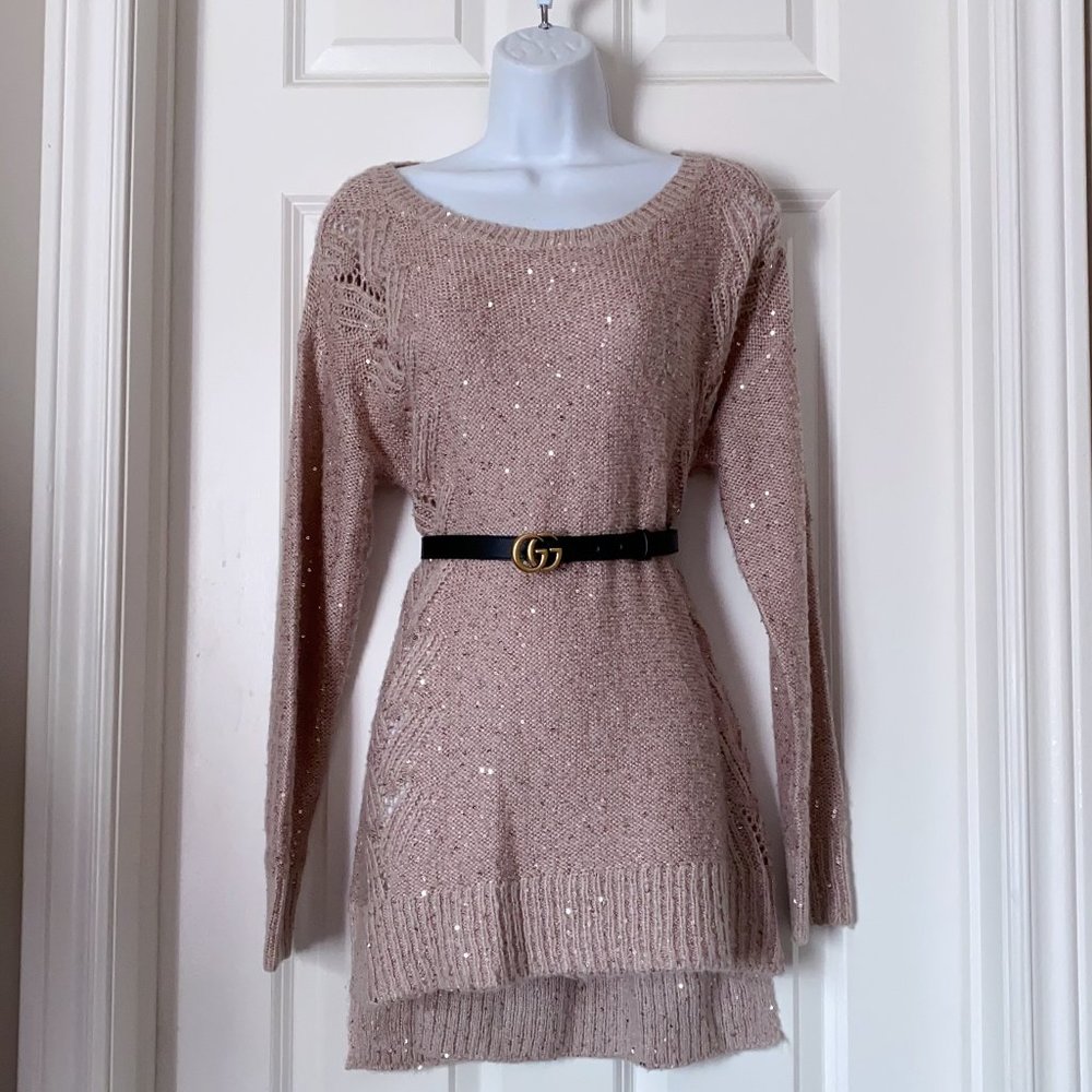 Elegant Dusty Pink Shiny Long Sleeves Knitted Sweater Dress